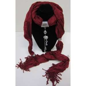  Burgundy Scarf with Bejeweled Heart Shaped Lock and Key 