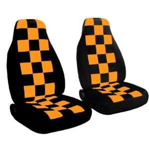  2 black and orange checkered car seat covers for a 2003 
