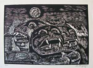 Raul Anguiano linocut Tres Mascaras by Mexican Master  