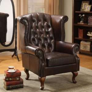  Tall Library Wing Leather Chair with Button Tufting