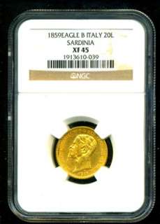 1859 B SARDINIA ITALY GOLD COIN 20 LIRE * NGC CHOICE  