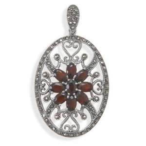  Sterling Silver Oval Marcasite and Garnet Pendant Jewelry