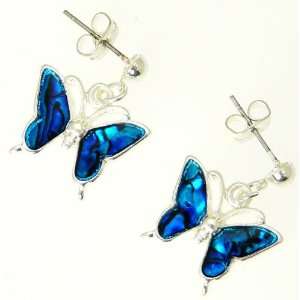 Beautiful Natural Blue Abalone Paua Shell Butterfly Earrings In Gift 