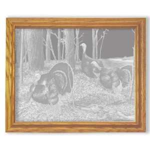  Wild Turkeys Etched Mirror   Solid Oak Rectangle Frame 