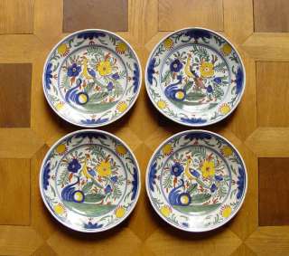 Set of 4 Dutch Delft Plates Floral + Bird 19th C. Poly  