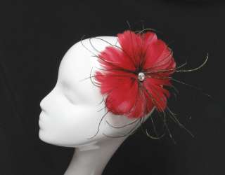   Flower Fascinators w Crystal Stamen Hair Clip, Bridesmaid, RED  