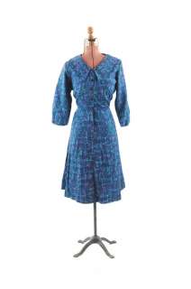 VINTAGE 50s Blue ROCKABILLY Atomic Star Novelty Print Party Deco DRESS 