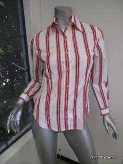 Etro White/Red Stripe Flower Embossed Button Down Long Sleeve Top 40 