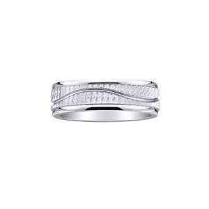    18K Wave Carved Textured 7mm White Gold Wedding Band: Jewelry