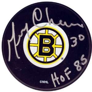  Gerry Cheevers Autographed Boston Bruins Puck with HOF 85 
