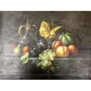  Fruits on Table Grapes Peaches Pear Oil Painting Canvas 