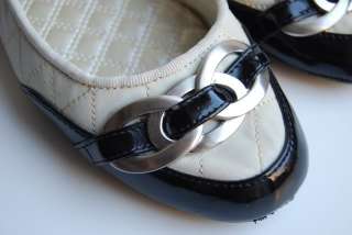   Size 6.5M Black Patent Ivory Quilted Leather Ballet Flats Shoes  