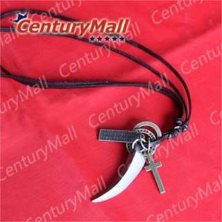 Mens Leather Necklace Tooth Cross Tag Pendant Choker Genuine Real New 