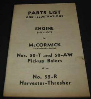 Old 1949 McCormick Pickup Baler   Harvester Thresher ENGINE Parts List 