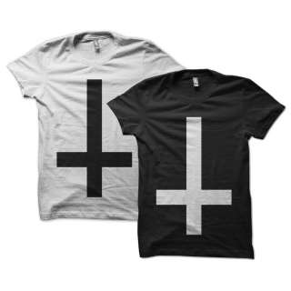 Inverted Cross T Shirt Top Black White ANTI CROSS SATAN SATANIC  