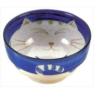 Smiling Blue Cat Porcelain Soup Bowl 6in #HY56/B:  Kitchen 