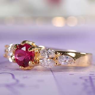 WEDDING! Red Ruby Garnet Yellow 18K GOLD PLATED Lady Ring Jewelry Size 