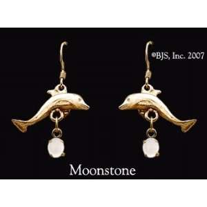  Dolphin Gemstone Earrings, 14k Yellow Gold, Moonstone set 