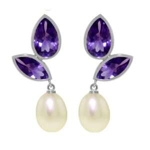  14k White Gold Dangle Earrings with Amethysts and Pearls Jewelry