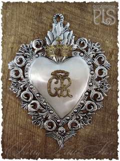 Silver Tin Sacred Heart Ex Voto w/ Crown & Fleur de Lis, 8 Inches 