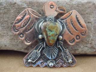 Navajo Indian Copper & Turquoise ThunderBird Pin by Albert Cleveland 
