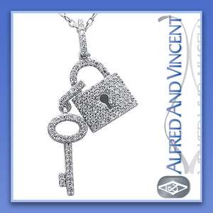 25ct Round Cut Diamond Key to My Heart & Lock Pendant 14k White Gold 