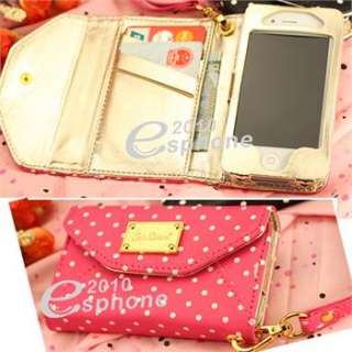 Pink White Dots Wallet Leather Case Card Flip Cover for iPhone 4 4S AT 