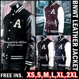 Varsity Baseball Letterman Wool & Leather Jacket Black & Black US 