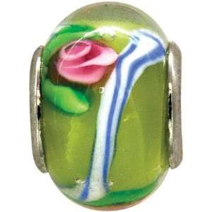  A Bead At A Time 14x8mm Glass Bead w/Silver Green w/Pink 