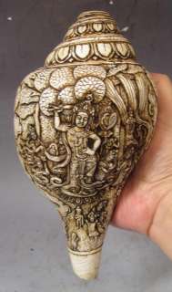 Old Tibet Tibetan Carved Padmapani Conch Shell Trumpet  