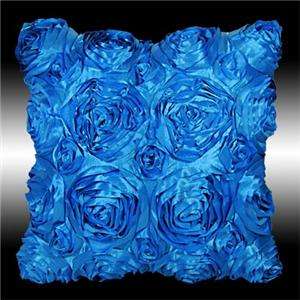 NEW BLUE 3D RAISED RIBBON ROSES THROW PILLOW CASES 16  