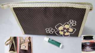 Brown Flower Dot Triangle Cosmetic Makeup Bag Wallet Purse Handbag 