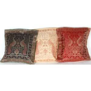  Lot of Three Peacock Cushion Covers from Banaras   Cotton 
