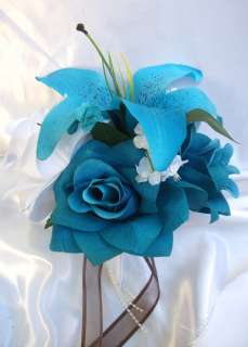 x21 TURQUOISE BROWN Bridal Bouquet Wedding Flowers Pew  