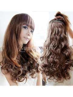 One Piece Clip on Hair Extension Curly Wavy Long Brown Maroon Cosplay 