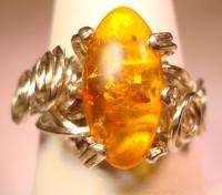 Amber Sterling Silver Wire Wrap Artisan Handmade Ring Size 6 #613 