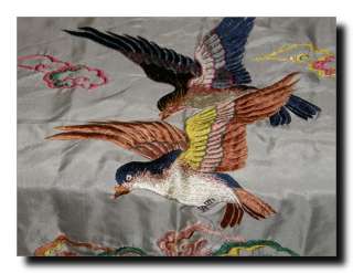 Vintage Linens: Silk Embroidered Birds Cart Tablecloth  