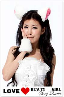 Japan White Pink Ear Cat Faux Fur Wristlet emo Headband  