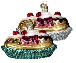 This glass Banana Split ornament has an old world style and glitter 