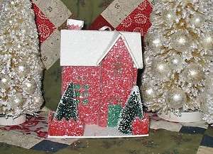 Colonial Primitive Red Putz Christmas House Ornament Paper Mache 