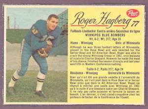 1963 POST CFL 77 ROGER HAGBERG WINNIPEG BLUE BOMBERS NM  