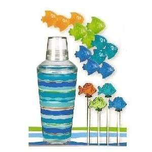  Tropical Blue Green Martini Shaker with 4 Fish Swizzles 