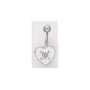  White Heart with Pink Jewel Cross Bones Naval Ring 