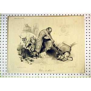  Antique French Comedy Print Man Dog Cat Accident Table 