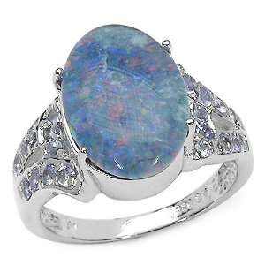    4.20 Carat Genuine Opal & Tanzanite Sterling Silver Ring: Jewelry