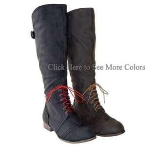   Military Vibe Contrast Red Lacing up Knee High Flat Boots Black AllSz