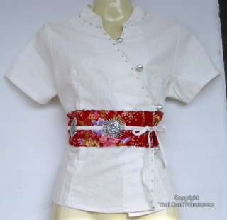 White Chinese Silk Emblem Ladies Kimono Shirt szM Asia  