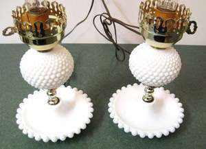 Vtg Pair 2 Milk White Hobnail Boudoir Bedroom Table Lamps  