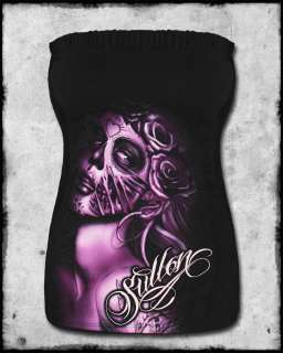 SULLEN ANGELS BLACK QUERIDA MUERTA DAY OF THE DEAD TATTOO LACE BACK 