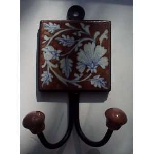 Decorative Tile / Wrought Iron 2 Coat Hook Wall Mounted   6H X 4W X 